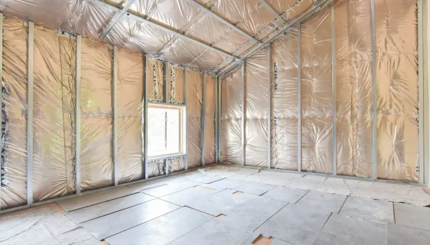Interno di un sottotetto in fase di isolamento. Pareti e soffitto rivestiti con materiale riflettente e struttura metallica per il cartongesso. Pavimento con pannelli e materiale isolante.