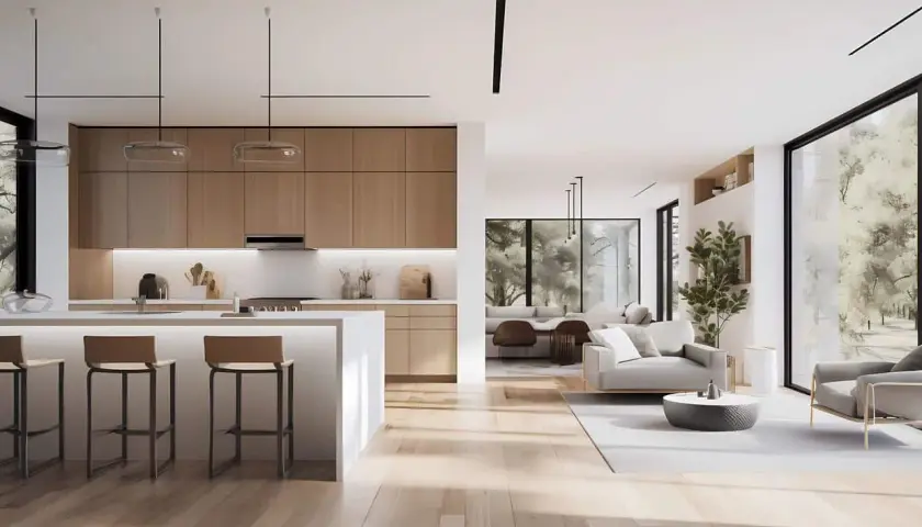 Cuisine moderne et salon lumineux avec mobilier design. Pensez au mobilier déductible frais notaire pour votre futur achat.