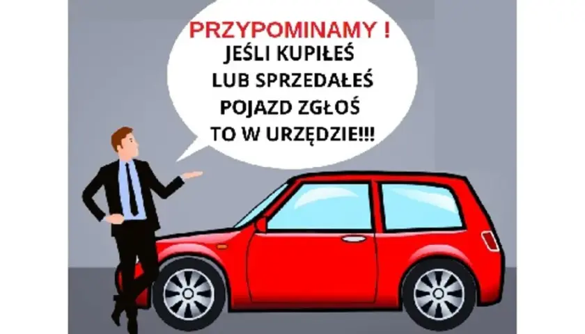 Przypomnienie: zawiadomienie o zbyciu pojazdu! Mężczyzna w garniturze obok czerwonego auta informuje o obowiązku zgłoszenia transakcji w urzędzie.