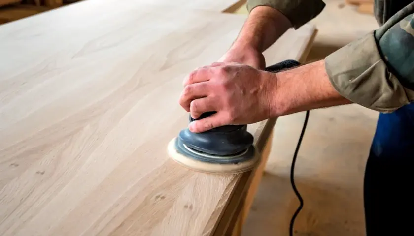 Man lijando madera con una lijadora orbital, preparando una superficie lisa para un proyecto.