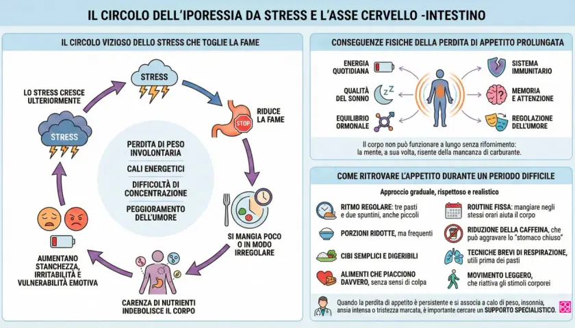 Il diagramma illustra le conseguenze dello stress prolungato sull'appetito, portando a perdita di peso, cali energetici e peggioramento dell'umore.