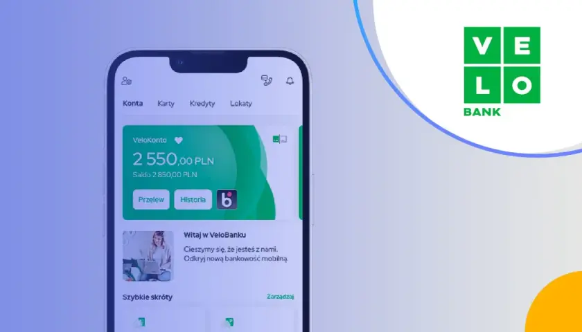 Aplikacja VeloBanku pokazuje saldo 2550 PLN. Wygodna bankowość mobilna.