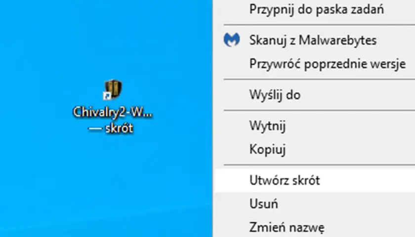 Ikona gry Chivalry 2 na pulpicie. Kliknij prawym przyciskiem myszy, aby zobaczyć opcje, jak dodać aplikacje na pulpit, np. "Utwórz skrót".