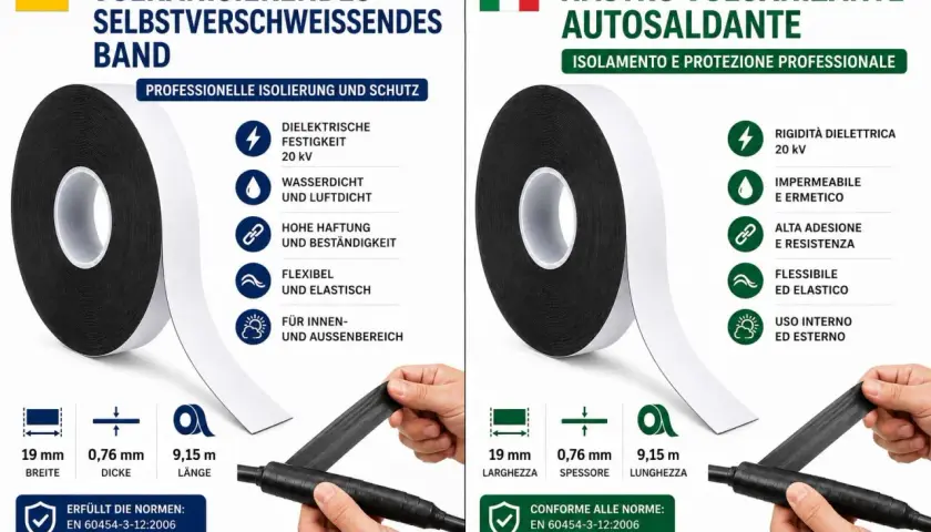Cinta vulcanizada para aislamiento y protección profesional. Es impermeable, flexible y de alta adhesión.