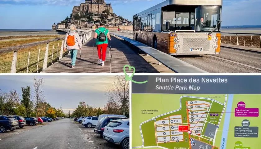 Parking gratuit camping-car Mont Saint-Michel : navette, plan du site et vue sur le Mont.