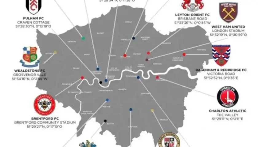 Mapa Londynu z zaznaczonymi stadionami piłkarzy z Londynu, m.in. Fulham FC, Chelsea FC, West Ham United.