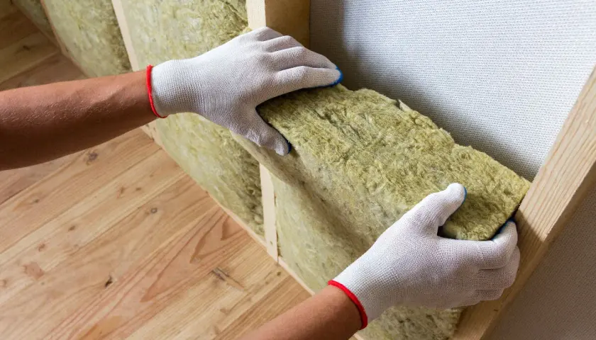 Pose d'isolant dans une structure de mur en bois. L'isolation aide à prévenir l'humidité du mur et améliore le confort thermique.