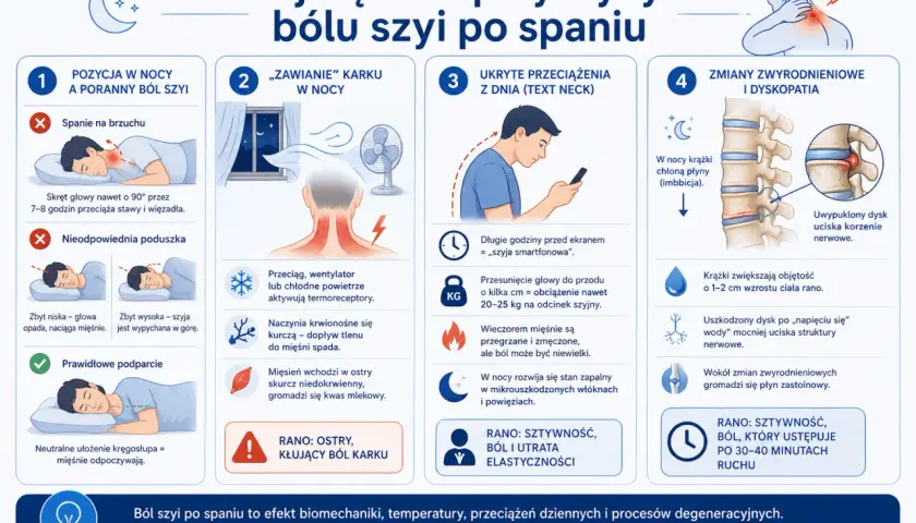 Ilustracja przedstawia przyczyny bólu szyi po spaniu, w tym złą pozycję, przeciągi, „szyję smartfonową” i zmiany zwyrodnieniowe. Domowe sposoby na ból szyi i karku to m.in. prawidłowe podparcie.