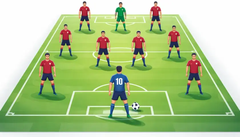 Ilustracja przedstawia formację piłkarską 4-3-3. Zawodnicy ustawieni na boisku, gotowi do gry.