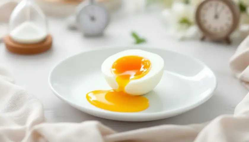 Un œuf mi cuit, coupé en deux, dévoile un jaune coulant sur une assiette blanche. Le temps est suspendu, comme l'indiquent les sabliers et réveils en arrière-plan.
