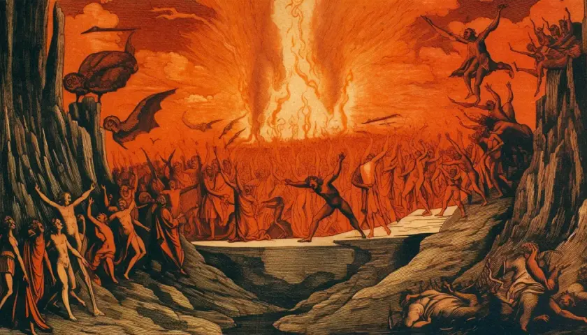Menschen schreien und strecken die Arme gen Himmel, umgeben von Flammen und Felsen. Ein wahrer ort der verdammnis.