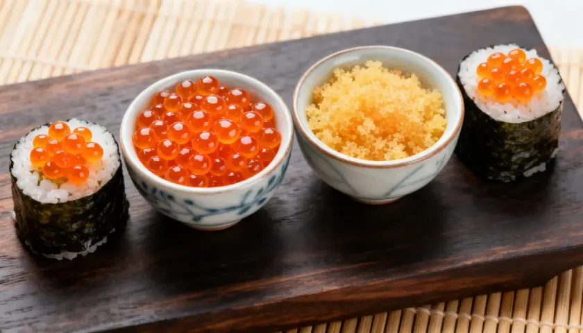 Dwa sushi z ikrą łososia i miseczki z ikrą tobiko i ikrą ryb latających.