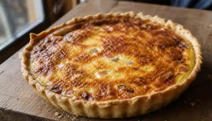 Une belle quiche lorraine dorée, prête à être dégustée. La vraie recette quiche lorraine, simple et savoureuse.