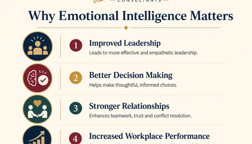Infographic lists why emotional intelligence is important in leadership: improved leadership, better decision making, stronger relationships, and increased workplace performance.