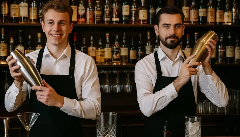 Dwóch barmanów w fartuchach przygotowuje drinki. Zastanawiasz się, ile zarabia barman na weselu?