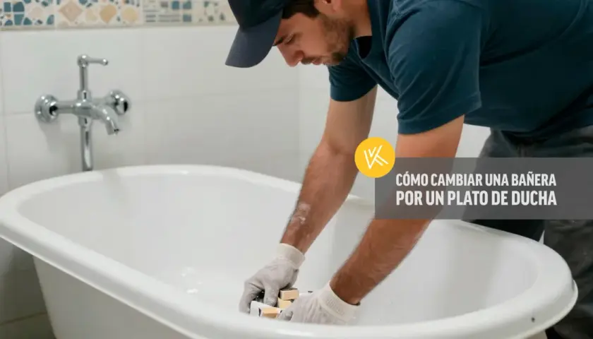 Un hombre con guantes trabaja en una bañera, preparándose para cambiarla por un plato de ducha.