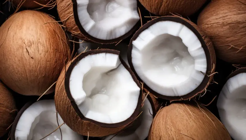 Cocos frescos, algunos enteros y otros partidos, revelan su pulpa blanca y cremosa. Un festín visual que evoca las múltiples propiedades del coco.