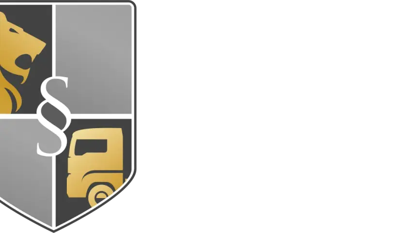Logo z lwem, paragrafem i ciężarówką. Napis "LEGALTRANS KANCELARIA TRANSPORTOWA".