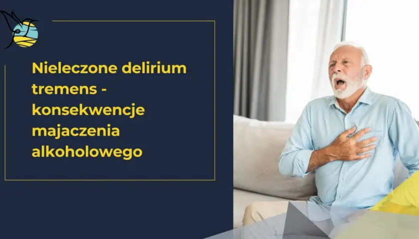 Starszy mężczyzna z bólem w klatce piersiowej, symbolizujący konsekwencje nieleczonego delirium tremens.