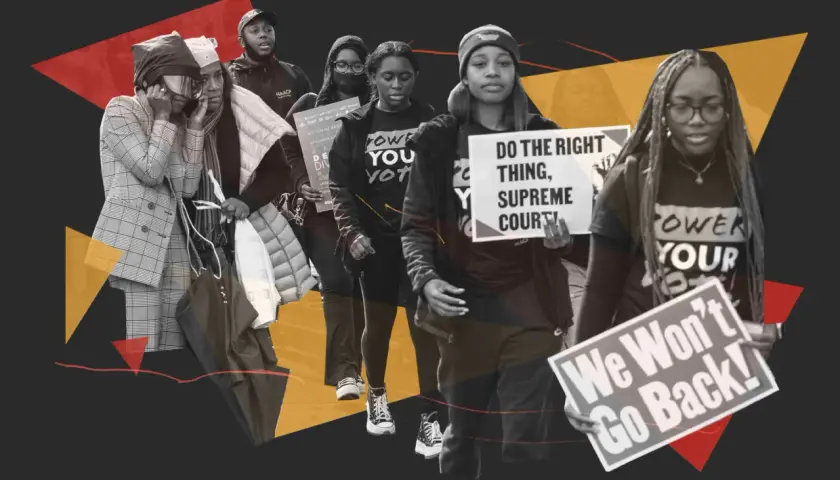 Protesters hold signs like "Do the Right Thing, Supreme Court!" and "We Won't Go Back!" This image evokes the ongoing fight for rights, making us wonder when DEI became a thing.