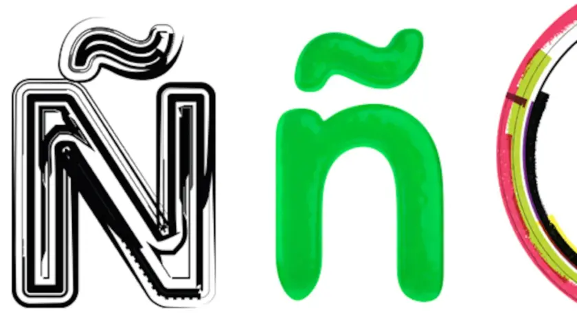 Letras con ñ: una N estilizada en blanco y negro, una ñ verde brillante y un arcoíris de colores.
