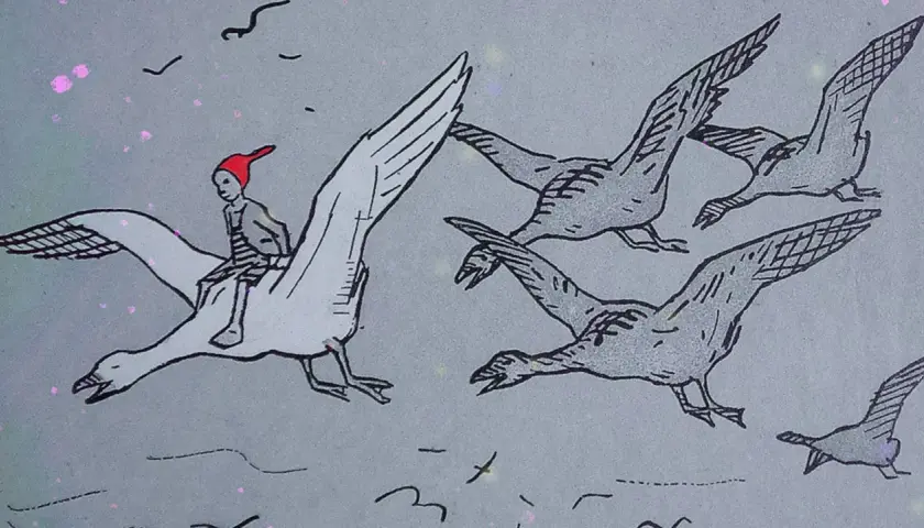 Nils Holgersson med sin röda mössa rider på en gås, följd av andra gäss. En illustration från rollistan i Nils Holgerssons underbara resa 1962.