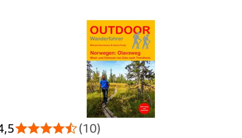 Wanderführer für den Olavsweg in Norwegen, mit einer Person auf einem Holzsteg in der Natur.