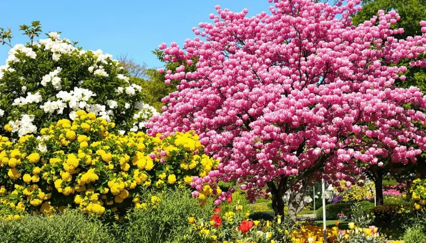 Un magnifique arbre fleuri rose éclatant domine un jardin printanier, entouré de fleurs blanches et jaunes vives sous un ciel bleu clair.