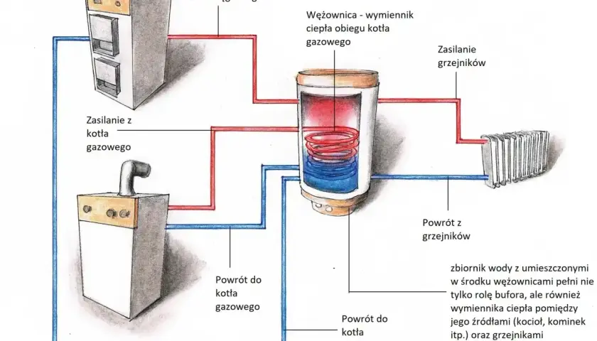 Schemat kotłowni z dwoma kotłami (węglowym i gazowym) i zasobnikiem wody. Zetka do kotłowni zapewnia ogrzewanie.