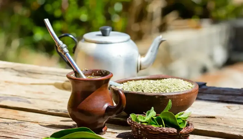 Tradycyjny kubek z yerba mate, obok miseczka z suszem i świeża mięta. Idealny zestaw na orzeźwiający napój.