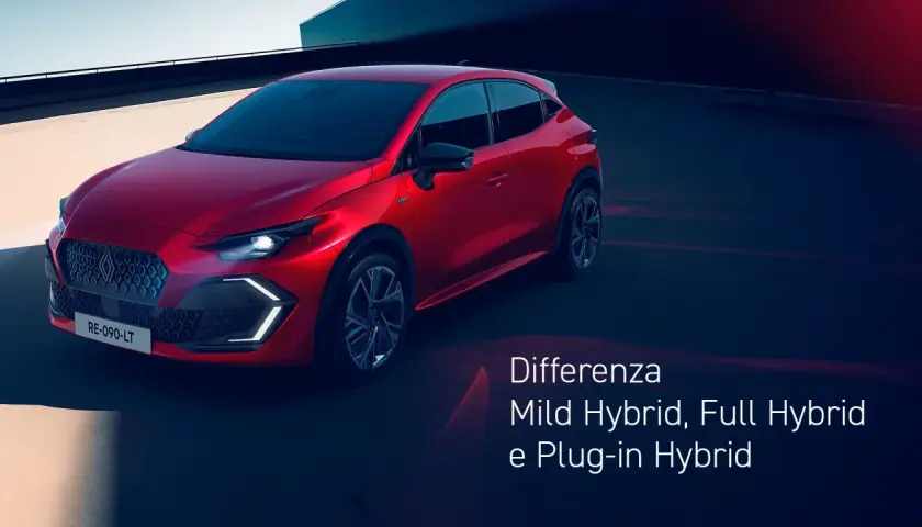 Auto ibrida rossa sportiva parcheggiata su una strada scura, con testo che spiega le differenze tra Mild Hybrid, Full Hybrid e Plug-in Hybrid.