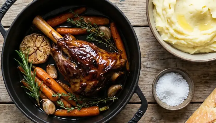 Souris d'agneau au four, caramélisée et tendre, servie avec des carottes rôties, de l'ail confit et du romarin. Accompagnée de purée de pommes de terre et de gros sel.