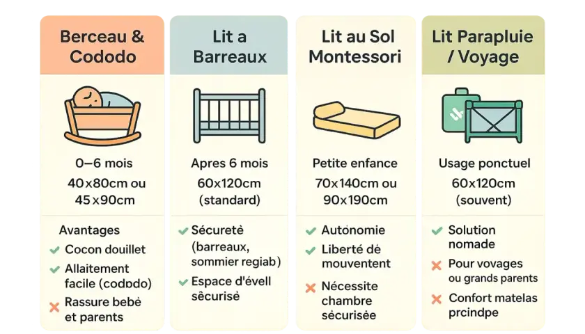Tableau comparatif des lits pour bébé : berceau (0-6 mois), lit à barreaux (après 6 mois), lit au sol Montessori (petite enfance), lit parapluie (voyage). Il répond à la question : lit bébé jusqu'à quel âge.