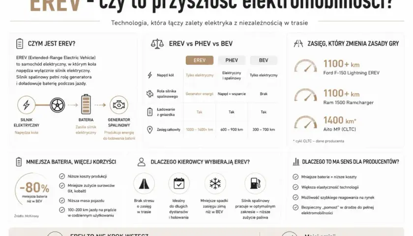 EREV to elektryk z generatorem, który daje zasięg 1100+ km, jak Ford F-150 Lightning EREV. Mniejsza bateria to niższe koszty.