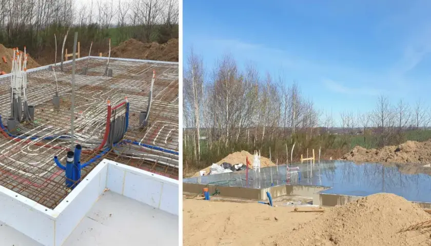 Budowa ciepłej płyty fundamentowej z instalacją ogrzewania podłogowego i przyłączami hydraulicznymi. Betonowa płyta lśni w słońcu.