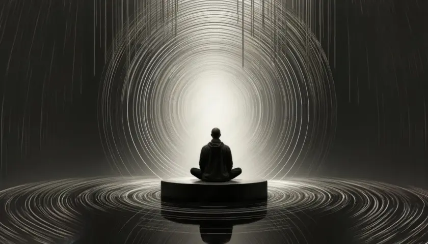 Figura in meditazione al centro di un vortice di luce, alla ricerca dello scopo della vita.