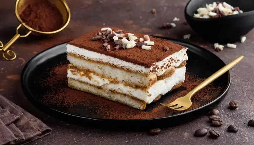 Una fetta di tiramisù con philadelphia, cosparso di cacao e riccioli di cioccolato, su un piatto nero con forchetta dorata.