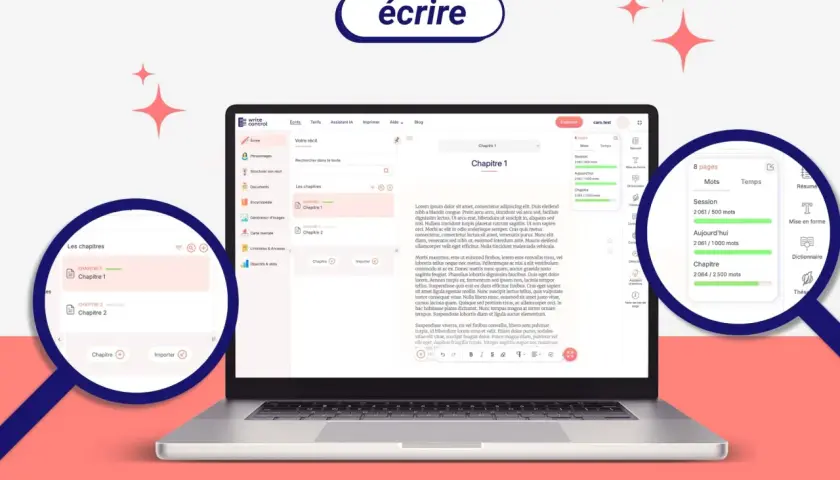 Interface d'un logiciel d'écriture de roman, "Write Control", affichant la gestion des chapitres et des statistiques d'écriture.