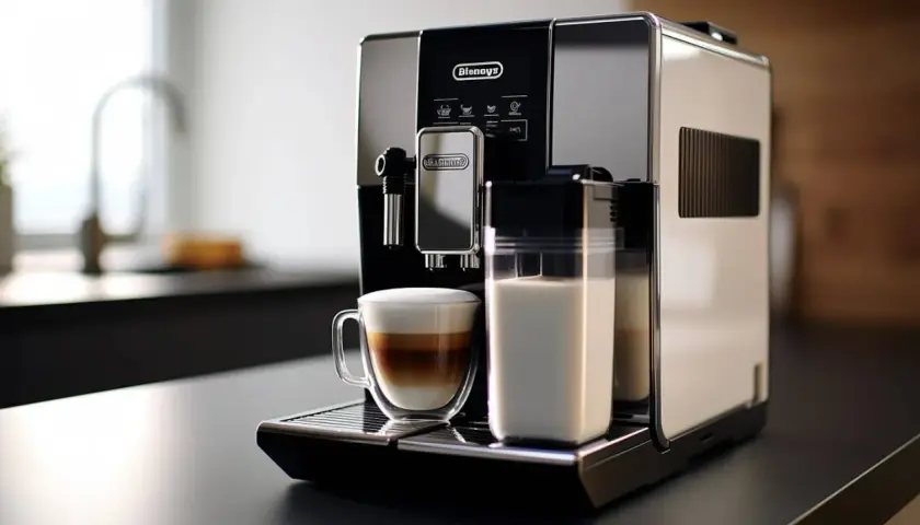 Automatyczny ekspres DeLonghi z kawą i mlekiem. Dowiedz się, jak często wymieniać filtr w ekspresie DeLonghi, by cieszyć się idealnym smakiem.