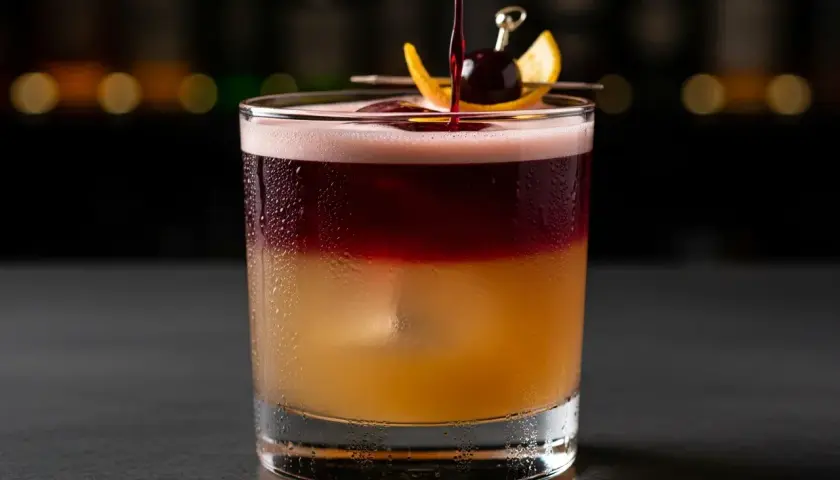 En vackert lagerdelad New York Sour med en körsbärs- och apelsingarnityr.