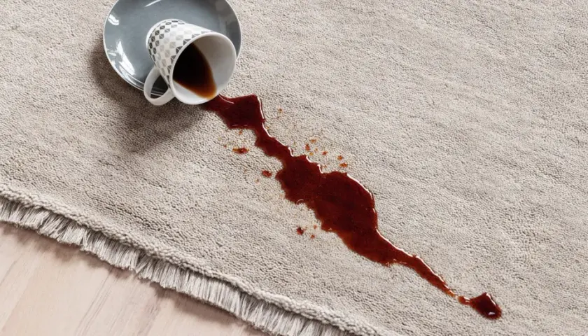Taza de café volcada sobre una alfombra beige con flecos. Aprende como limpiar los flecos de las alfombras para evitar manchas.
