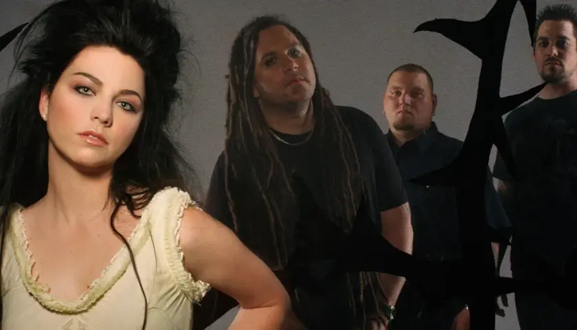 Amy Lee z Evanescence, z jej charakterystyczną fryzurą, wpatruje się w obiektyw. Obok niej stoją członkowie zespołu, gotowi by "bring me to life".