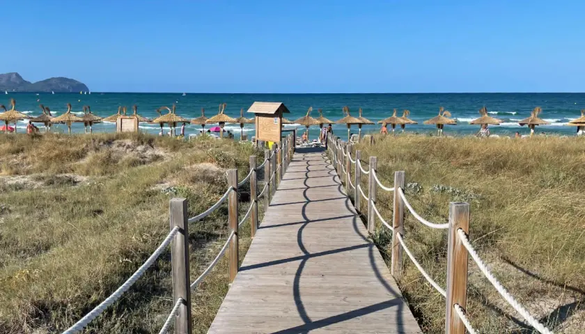 Holzsteg führt zu einem sonnigen Strand mit Strohschirmen bei Can Picafort. Ein Geheimtipp für entspannte Tage am Meer.