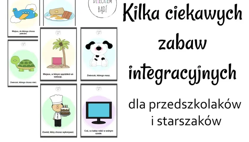 Ilustracje z samolotem, jedzeniem, żółwiem, palmą, psem, kucharzem i telewizorem.