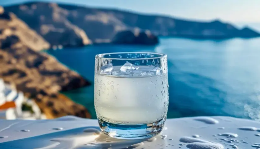 Szklanka orzeźwiającego ouzo z lodem na tle greckiego wybrzeża. Zastanawiasz się, ouzo ile ma procent? Zazwyczaj 40-50%.