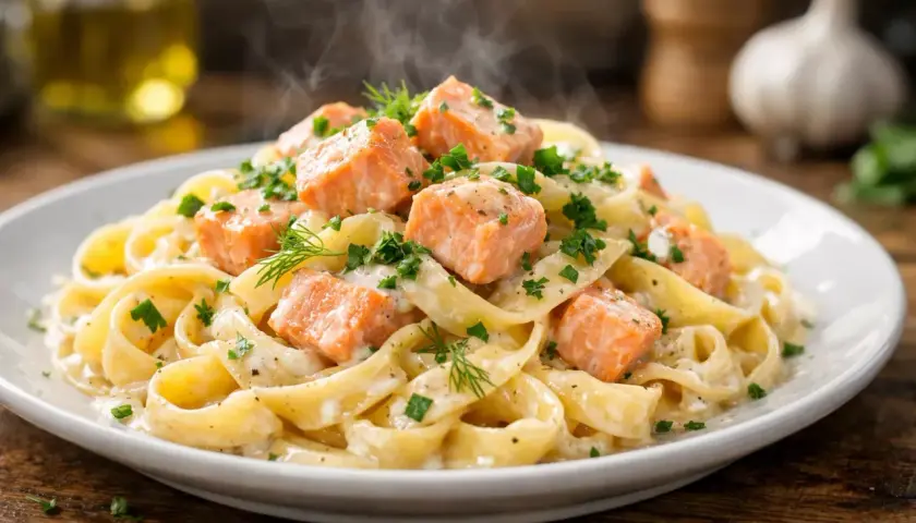 Assiette de tagliatelles crémeuses parsemées de morceaux de saumon rose, garnie de persil frais et d'aneth. Un plat appétissant de tagliatelles au saumon fumant.
