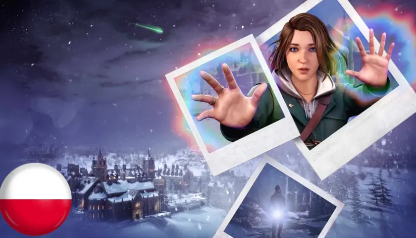 Zdjęcia z gry Life is Strange, z polską flagą i zimową scenerią.