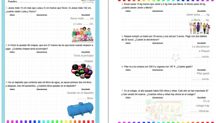 Problemas matemáticos de 5º primaria con ejercicios de cálculo y lógica. Incluye imágenes de niños, un depósito y chapas.