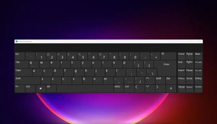 Ekranowa klawiatura w laptopie, z widocznymi klawiszami QWERTY i funkcjami.