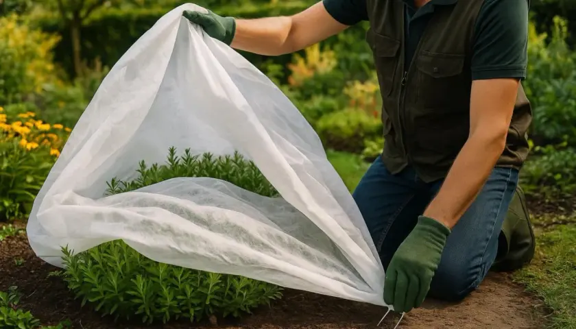 Un jardinier installe une housse de protection pour plantes d'hiver sur un arbuste vert.